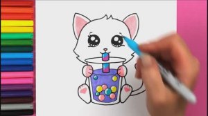 Как нарисовать КАВАЙНОГО КОТЕНКА шаг за шагом Легкие рисунки для детей Яркие цвета ❤