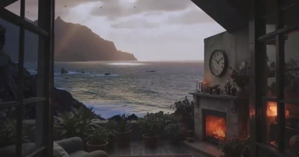 Cozy Oceanfront Retreat Ambience 4K  _ Relaxing Music, Crackling Fireplace & Soothing Waves 🌊✨
