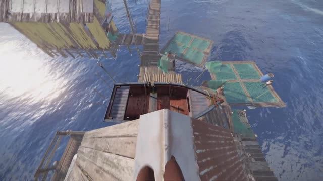 Вид с крыши рыбацкой деревни и лодка в Rust смотреть онлайн