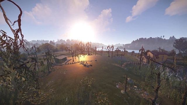 Приключение в Rust, болото и заброшенные хижины, вечерний закат, живые обои, графика Rust смотреть онлайн