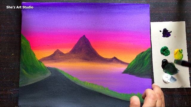Roadside Sunset Scene Painting on Canvas | Acrylic Painting for beginners смотреть онлайн
