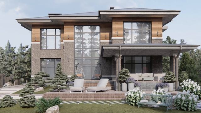 Проект двухэтажного дома в стиле Райта. Проект дома со вторым светом. смотреть онлайн