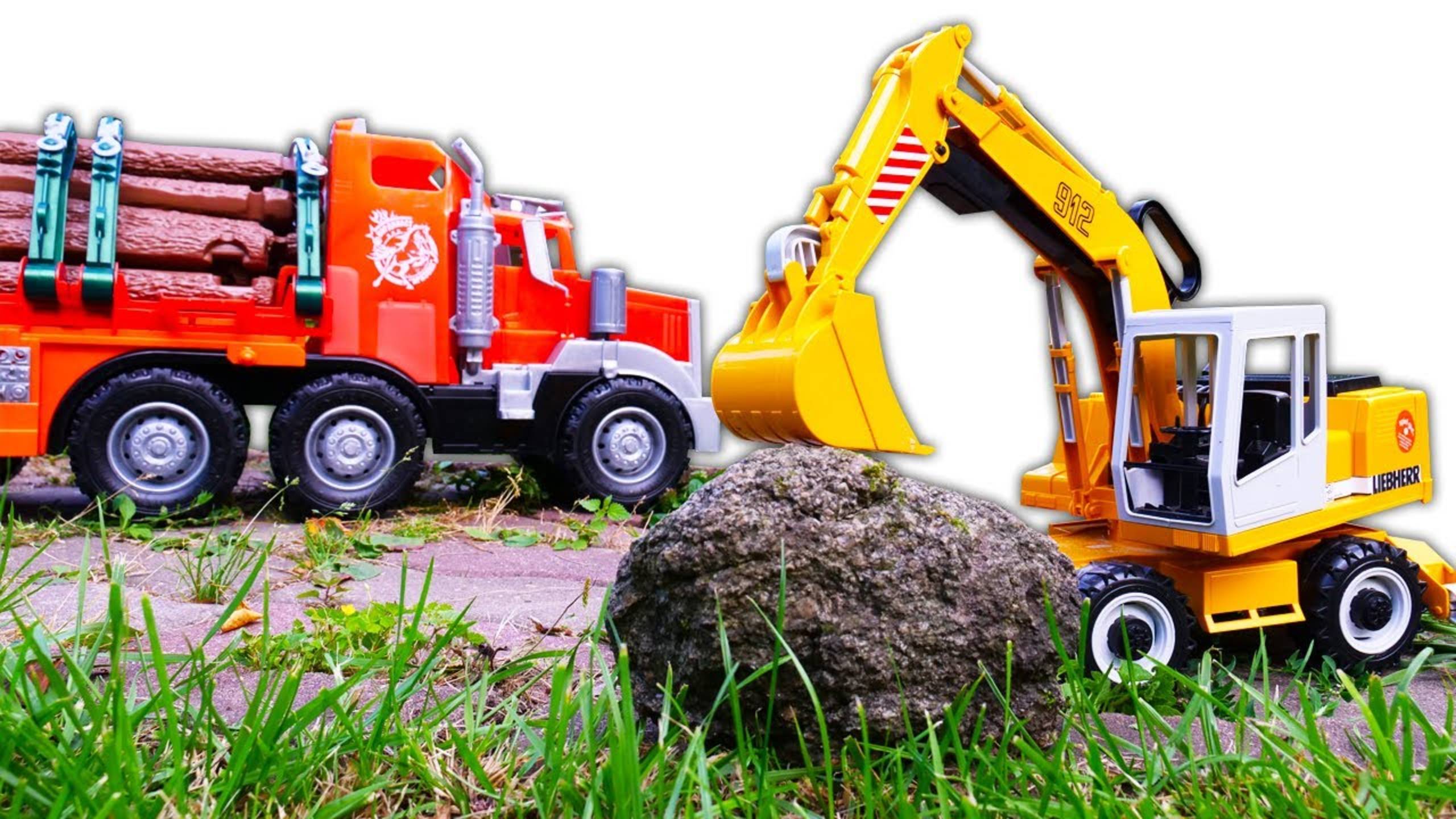Машины-помощники Лесовоз и Грузовик. Экскаватор помогает убрать камень. Рабочие машинки для детей смотреть онлайн
