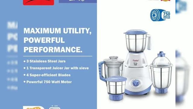 Prestige Iris 750 Watt Mixer Grinder with 3 Stainless Steel Jar + 1 Juicer Jar (White and Blue) смотреть онлайн
