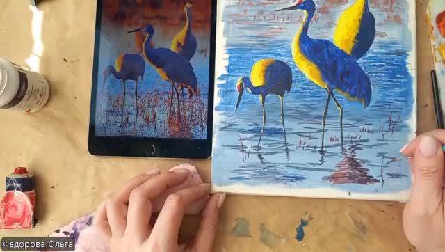 Акрил. Журавли прилетели