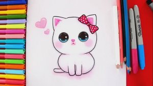 Как нарисовать очаровательного белого котенка с розовым бантом