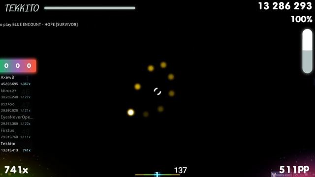 [7.71⭐] Tekkito | BLUE ENCOUNT - HOPE [SURVIVOR] +HD SS {#1 654pp FC} - osu! смотреть онлайн