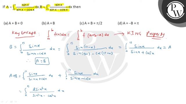 If \( A=\int_{0}^{\pi} \frac{\sin x}{\sin x+\cos x} d x, B=\int_{0}... смотреть онлайн