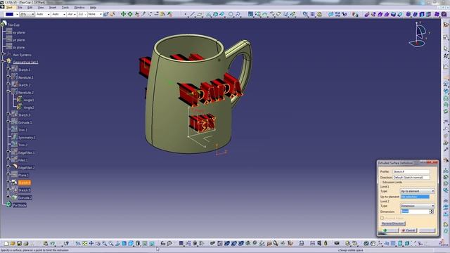 Catia V5 - Create 3D Text On A Curved Surface (Design My Tea Cup) смотреть онлайн