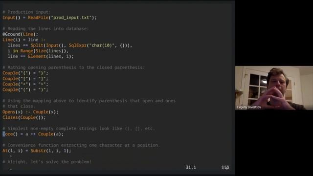 Advent of Code 2021: разбор задачи №10 от Евгения Скворцова, Logica + Python смотреть онлайн