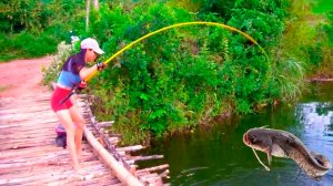 Хорошая рыбалка Красивая девушка поймала много большой рыбы на поплавочную удочку