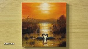 Красивый пейзаж с парой лебедей в лучах заката / Акриловая живопись для начинающих