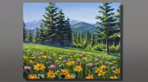 Горный пейзаж с цветочной поляной / Акриловая живопись