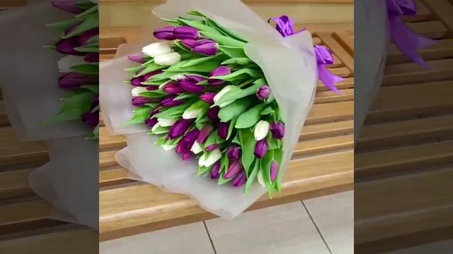 Букет из белых и фиолетовых тюльпанов в упаковке 51 шт "Баланс оттенков". смотреть онлайн