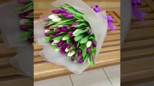 Букет из белых и фиолетовых тюльпанов в упаковке 51 шт "Баланс оттенков".