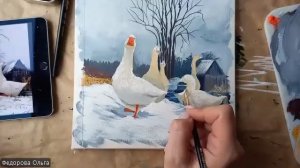 Гуашь. Гуси на снегу