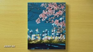 Вечерний мегаполис с веткой сакуры / Акриловая живопись для начинающих