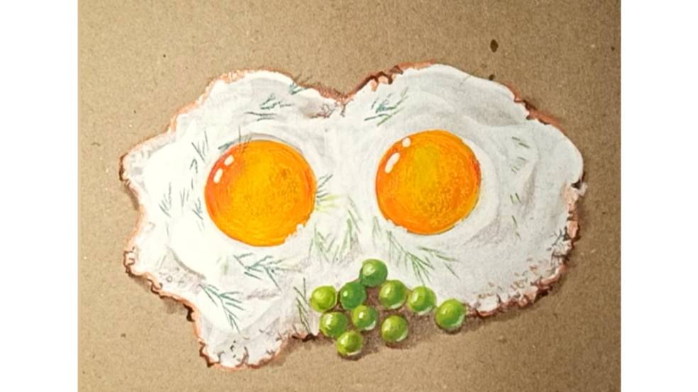 Как нарисовать яичницу гуашью используя кисть-губку. смотреть онлайн
