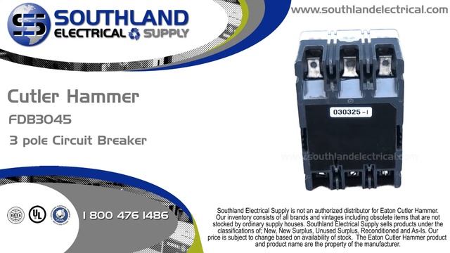 Eaton Cutler Hammer FDB3045, 45 Amp, 600 VAC, 3 Pole Circuit Breaker смотреть онлайн