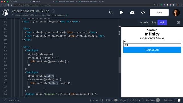 React Native - Calculadora IMC - 0207 - Criando a função de cálculo - Parte 3 смотреть онлайн