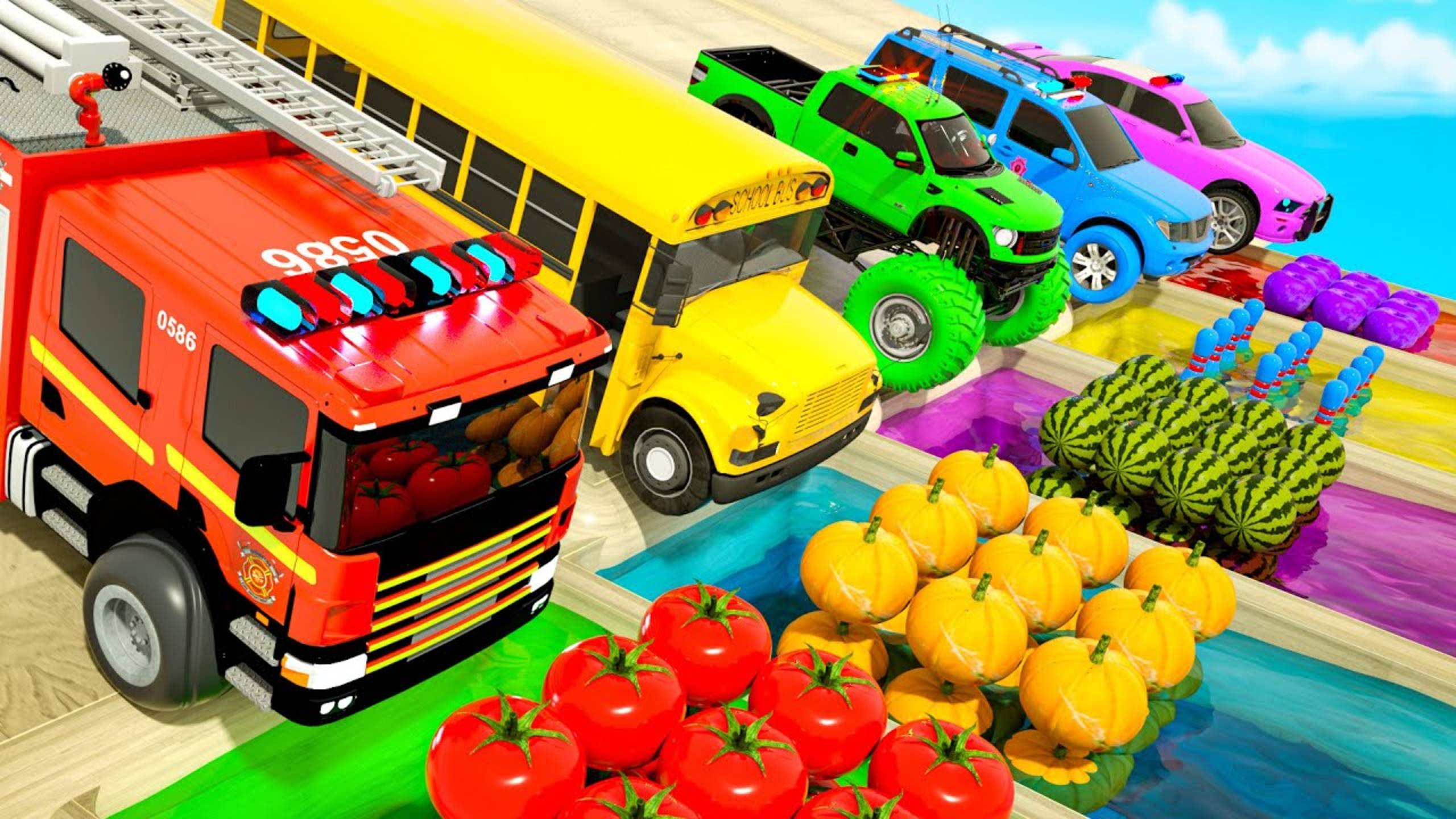 Раскраска школьный автобус с разноцветными фруктами Детские песенки смотреть онлайн