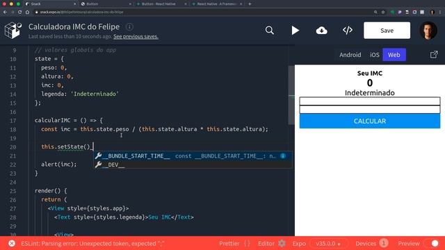 React Native - Calculadora IMC - 0206 - Criando a função de cálculo - Parte 2 смотреть онлайн