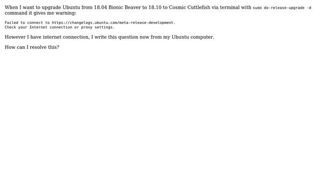 Failed to connect to https://changelogs.ubuntu.com/meta-release-development. Check your Internet... смотреть онлайн