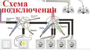 СХЕМА ПОДКЛЮЧЕНИЯ ДВУХ СВЕТИЛЬНИКОВ И РОЗЕТОК