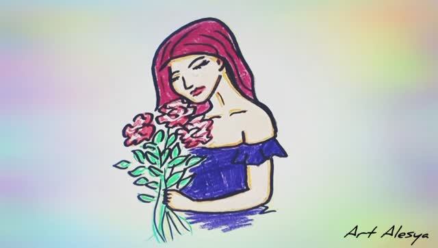 Рисую девушку с букетом цветов! смотреть онлайн