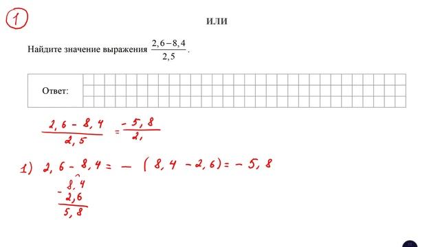 ВПР. Математика. 7 класс. Демовариант. Задание 1. Найдите значение выражения (2,6 - 8,4) / 2,5 смотреть онлайн