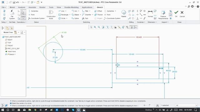 02. Creo 3.0 Sketching Module tutorial - Geometry tools, Datums, Constraining, annotating. смотреть онлайн