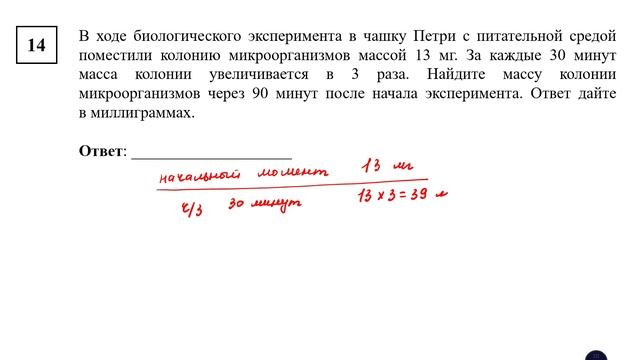ОГЭ. Математика. Задание 14. В ходе биологического эксперимента в чашку Петри с питательной средой смотреть онлайн