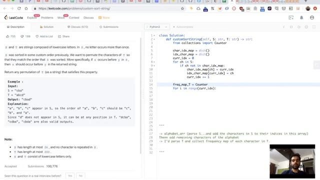 Leetcode 791 - Custom Sort String - Thinking out loud approach (Facebook Coding Question) смотреть онлайн