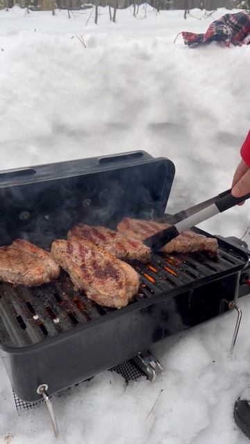 Стриплойн из аргентинской говядины в лесу на газовом гриле Weber Go Anywhere Gas