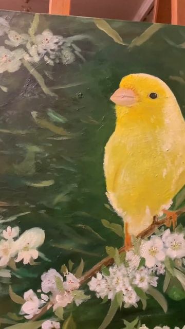 Канарейка на ветке цветущей груши #painting #art #картиныназаказ #художник #канарейка #груша