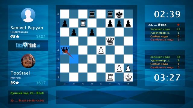 Chess Game Analysis: TooSteel - Samvel Papyan : 1-0 (By ChessFriends.com) смотреть онлайн
