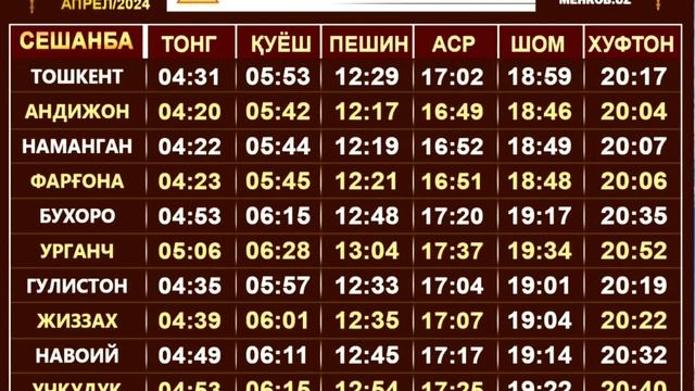 9-APREL NAMOZ VAQTLARI /5 MAHAL NAMOZ VAQTLARI /KUNLIK NAMOZ VAQTLARI BARCHA VILOYATLAR @INFOUZ1 смотреть онлайн