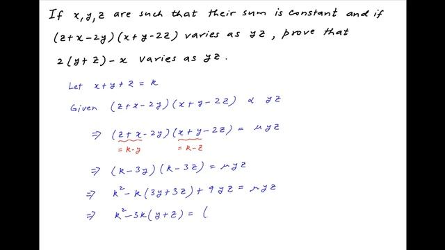 Prove that 2(y+z)-x varies as yz if (z+x-2y)(x+y-2z) varies as yz and sum of x, y, z is constant. смотреть онлайн