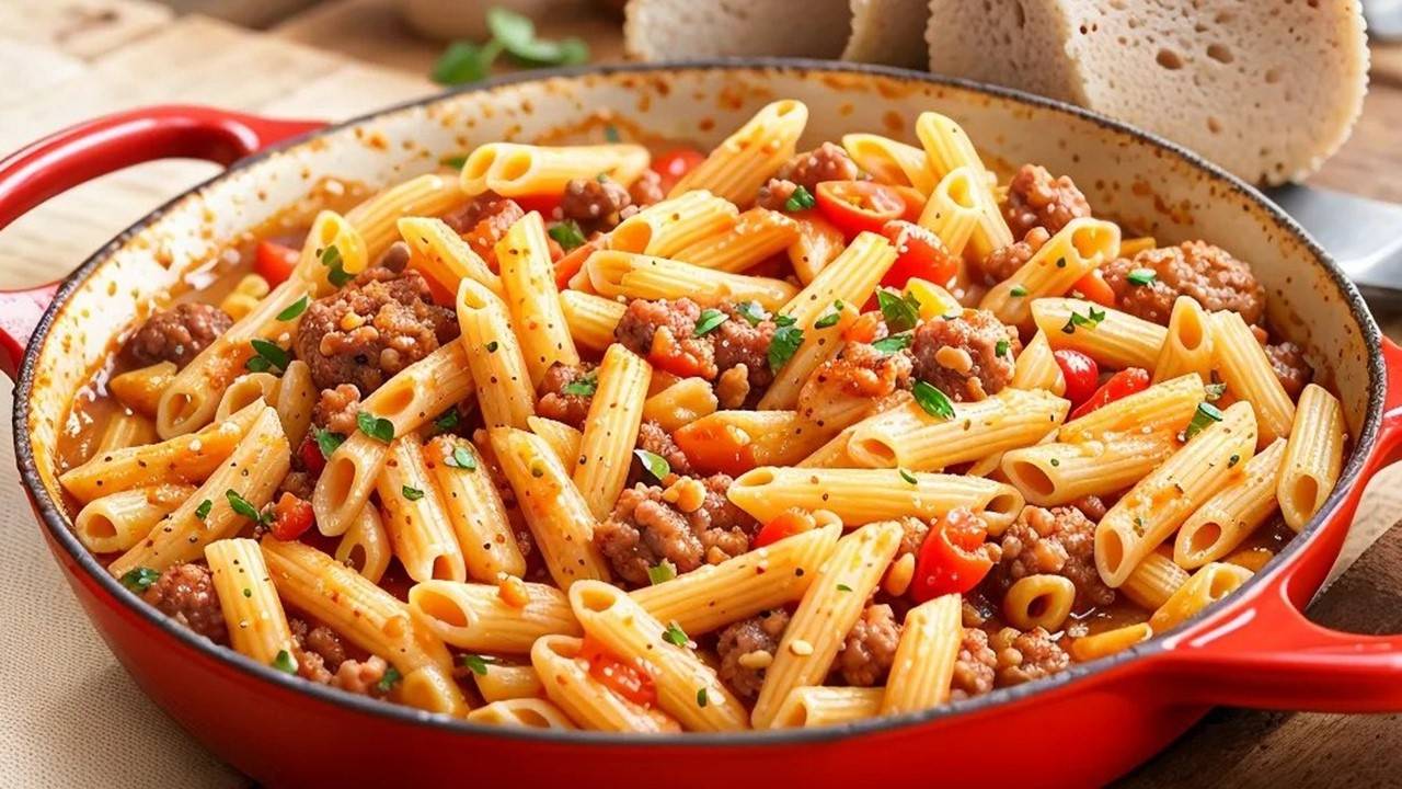 Потрясающее Блюдо из Фарша на Одной Сковороде. Получается много и сытно! Макароны с фаршем. смотреть онлайн