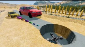 Большие и маленькие машины против гигантской ямы с большим спиннером в BeamNG.Drive