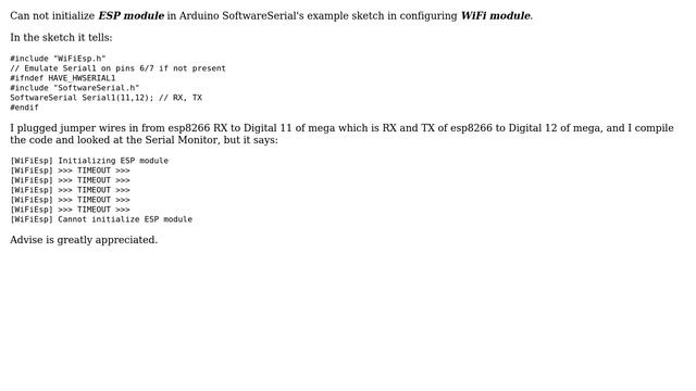 Arduino: Can not initialize ESP module in Arduino SoftwareSerial смотреть онлайн