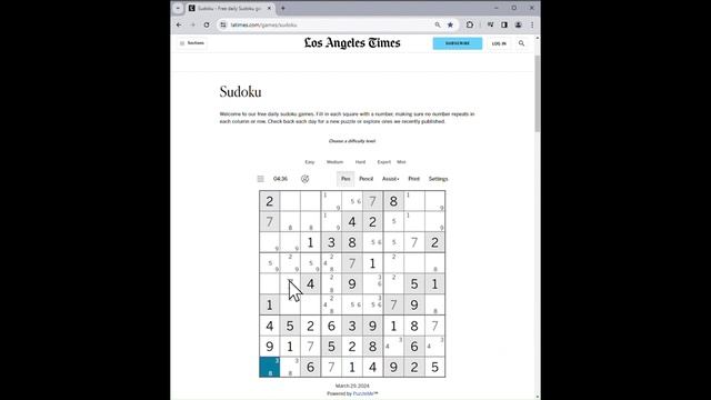 LA Times Expert Sudoku - Mar 29, 2024 Solution смотреть онлайн