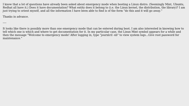 How can I find the documentation for "emergency mode" when attempting to boot into Linux (Mint... смотреть онлайн