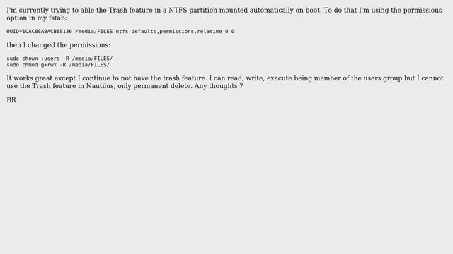 Unix & Linux: How can I enable Trash feature in a NTFS partition with permissions? смотреть онлайн