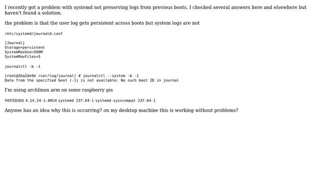 systemd-journald system logs are not persistent across boots despite Storage=persistent смотреть онлайн