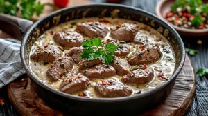 Куриная печень тушеная в сметане