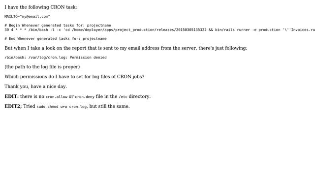 Ubuntu: CRON doesn't run tasks because "/bin/bash: /var/log/cron.log: Permission denied" смотреть онлайн