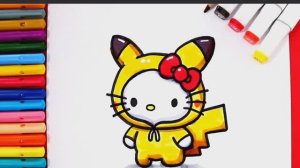 Раскраска HELLO KITTY с изображением Пикачу | Рисуем Hello Kitty в костюме Пикачу