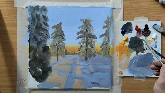 Как НАРИСОВАТЬ зимний пейзаж ПОЭТАПНО / Новогодний рисунок смотреть онлайн