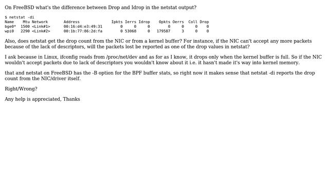 DevOps & SysAdmins: FreeBSD netstat -di, Idrop vs Drop and drop count from NIC or kernel? смотреть онлайн